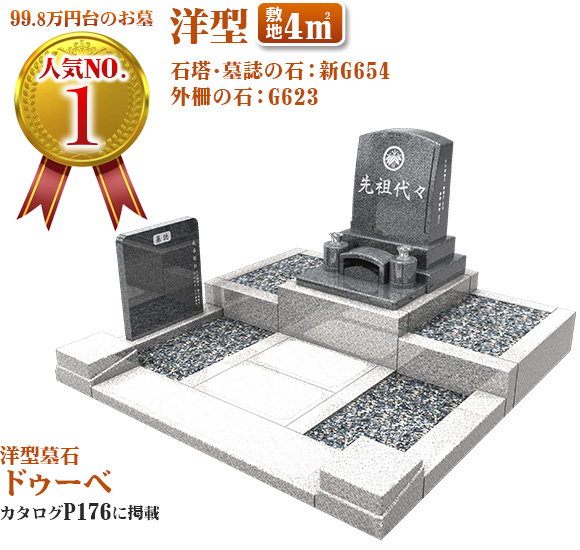 99.8万円台のお墓人気NO.1　洋型　敷地1.5㎡　石塔の石：インペリアルレッド　石塔の石：新中国マホガニ　名板・墓誌の石：インパラブルー