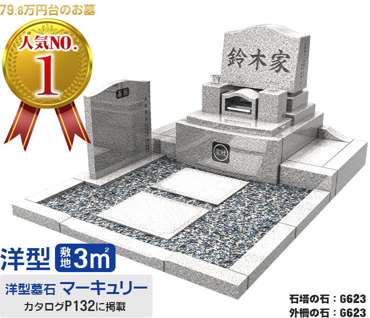 79.8万円台のお墓人気NO.1　和型敷地4㎡　石塔の石：新G654　外柵の石：G623