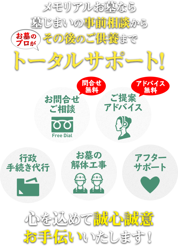 メモリアルお墓なら墓じまいの事前相談からその後のご供養までお墓のプロがトータルサポート！心を込めて誠心誠意お手伝いいたします！
