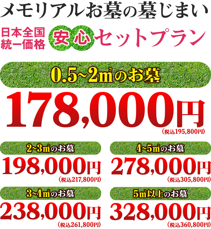 メモリアルお墓の墓じまい 日本全国統一価格 安心セットプラン 0.5～2㎡ 178,000円（税込み）